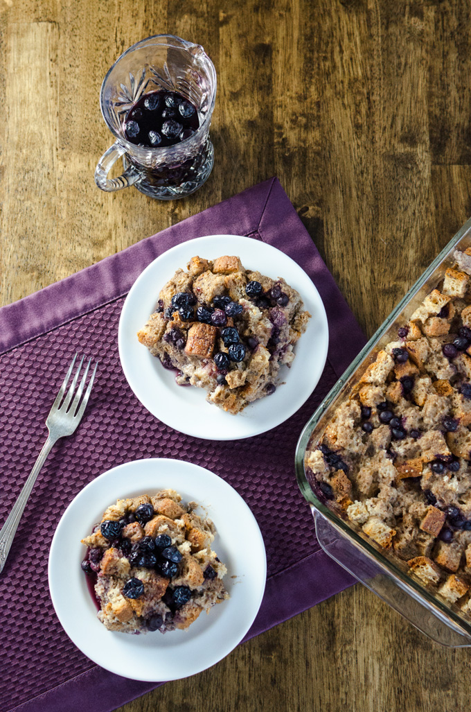 Blueberry Breakfast Casserole - vegan and gluten-free recipe - features a mildly sweet taste with a pudding-like consistency under a crispy toasted top | VeggiePrimer.com