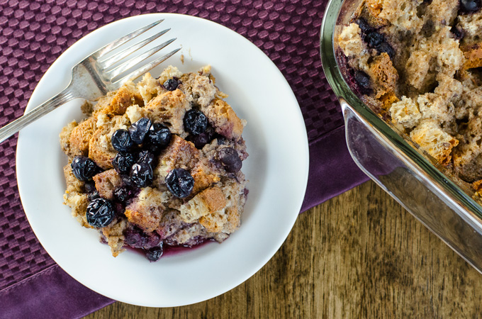 Blueberry Breakfast Casserole - vegan and gluten-free recipe - features a mildly sweet taste with a pudding-like consistency under a crispy toasted top | VeggiePrimer.com