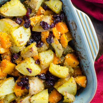 Vegan Parmesan Roasted Potatoes & Butternut Squash - this tasty recipe looks fancy enough for a holiday side dish, but is simple enough for busy weeknight meals | VeggiePrimer.com