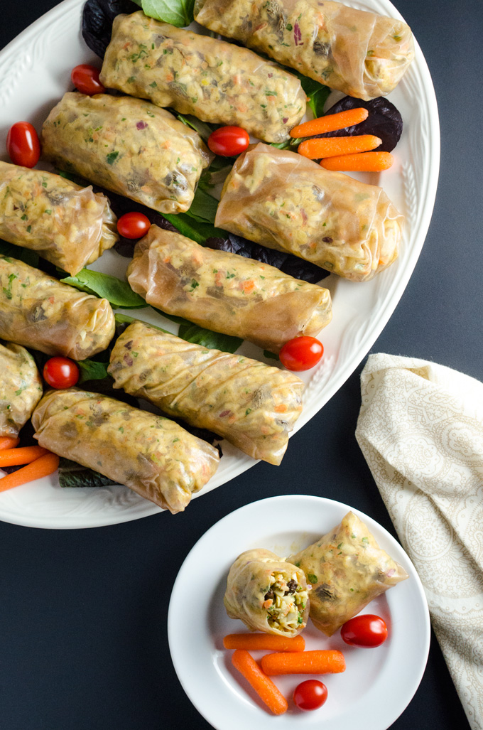 Apple Peanut Spring Rolls - this easy raw vegan and glutenfree recipe offers a lovely blend of textures and sweet spicy flavors - perfect plantbased Super Bowl fare | VeggiePrimer.com