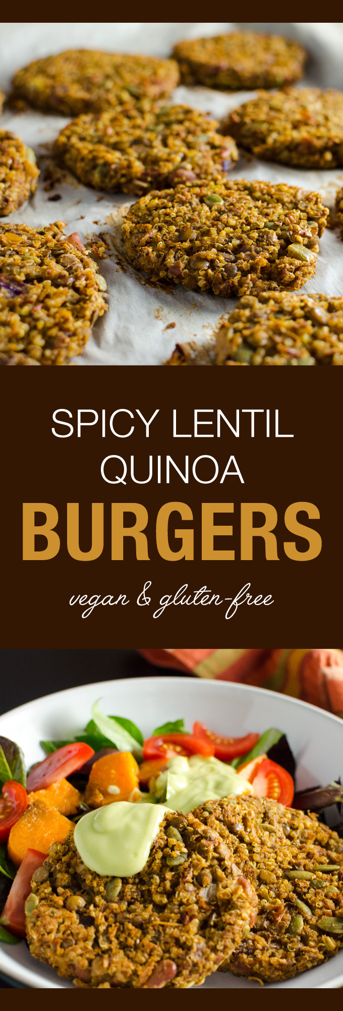 Spicy Lentil Quinoa Burgers with avocado dressing - these gluten-free vegan veggie patties offer a flavorful blend of protein-rich plant-based ingredients with a little kick. | VeggiePrimer.com