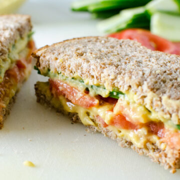 Cucumber Sandwich with Turmeric White Bean Spread - this gluten-free vegan recipe makes a clean, quick and easy lunch. Adding a slice of onion will provide an extra bit of zip | VeggiePrimer.com