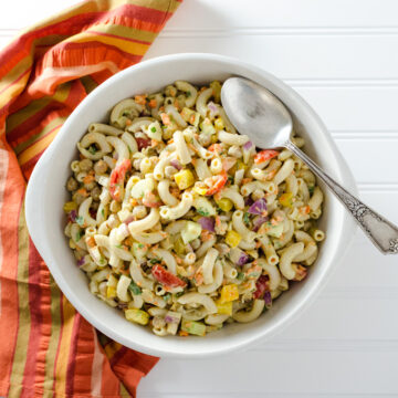 Veggie Pasta Salad with Avocado Mustard Dressing - this gluten-free vegan recipe offers a pleasing combination of pasta, fresh crunchy vegetables and creamy avocado dressing - chickpeas add protein so it works well as a meal or a side dish | VeggiePrimer.com