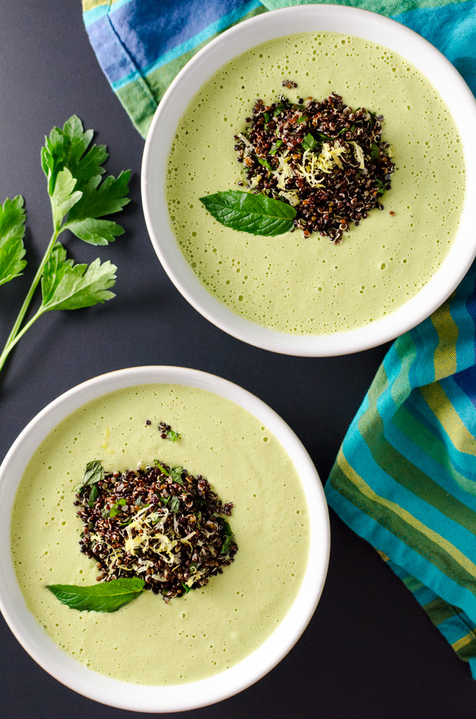 Curried Cucumber Soup with Black Quinoa - this gluten-free vegan cold soup recipe looks fancy but it's incredibly easy to prepare. The sweet curry and black quinoa offer a delicate blend of pleasing flavors and textures | VeggiePrimer.com