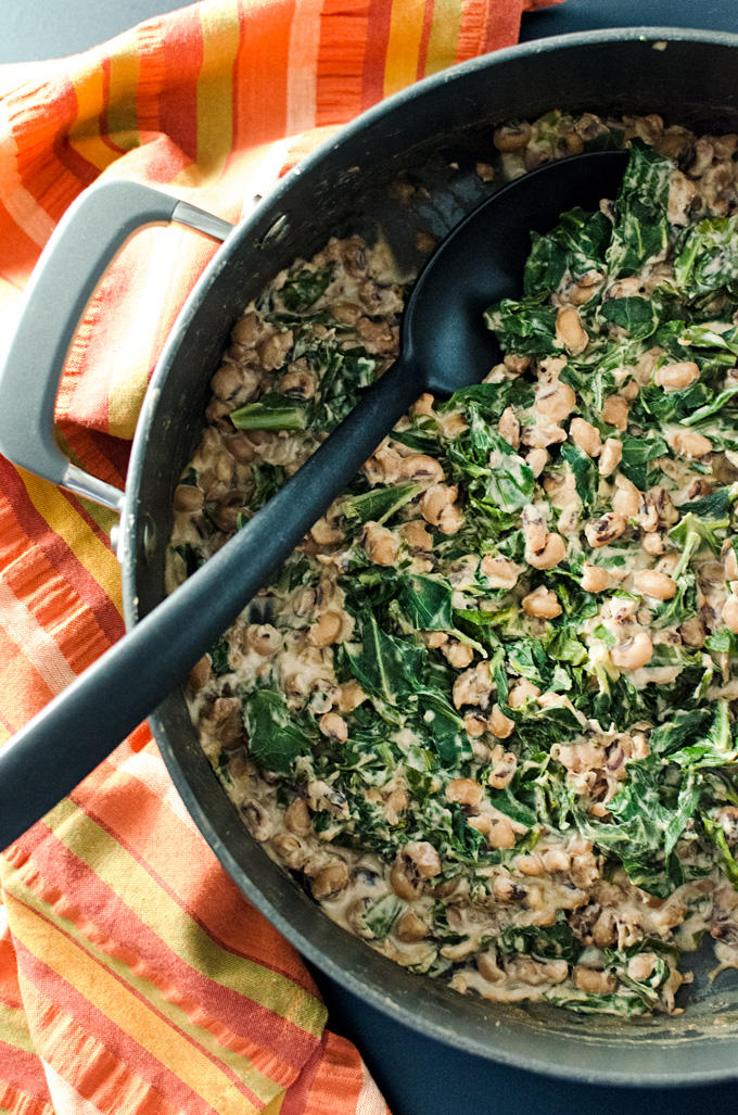 Maple Walnut Glazed Black-Eyed Peas with Collard Greens - inspired by flavors typically associated with baked ham, this gluten-free vegan recipe makes a tasty plant-based side-dish | VeggiePrimer.com