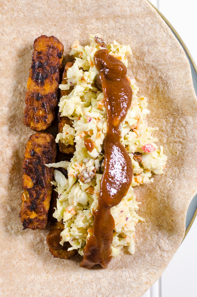 Vegan BBQ Tempeh Coleslaw Wrap - you can prepare this sandwich recipe in less than five minutes with easy make-ahead ingredients - it's the perfect packable lunch - and can be made gluten-free too! | VeggiePrimer.com