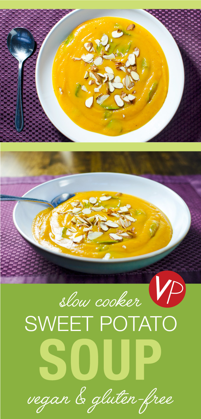 Slow Cooker Sweet Potato Soup - this tasty vegan and gluten-free recipe features a simple combination of wholesome plant-based ingredients. | VeggiePrimer.com